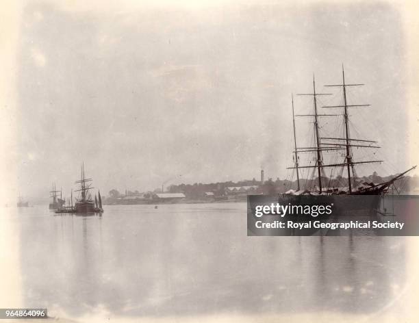 Sailing ships on the Hoogly River in West Bengal, India, 1890.