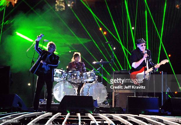 Roger Daltrey, Zak Starkey and Pete Townshend of The Who perform during the Super Bowl XLIV Halftime Show at Sun Life Stadium on February 7, 2010 in...