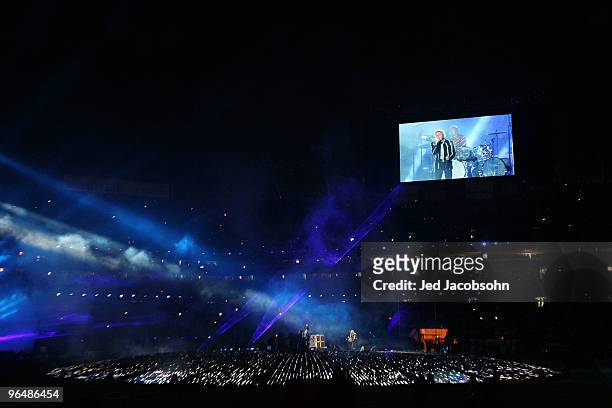 The Who perform at halftime of Super Bowl XLIV between the Indianapolis Colts and the New Orleans Saints on February 7, 2010 at Sun Life Stadium in...