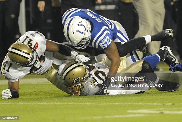 Action shorlty after the 3rd quarter kick off during play between the Indianapolis Colts and the New Orleans Saints at the Super Bowl XLIV on...
