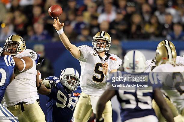 Drew Brees of the New Orleans Saints passes against the Indianapolis Colts during Super Bowl XLIV on February 7, 2010 at Sun Life Stadium in Miami...