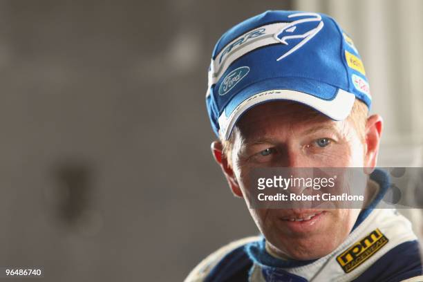 Steven Richards drivesr of the Ford Performance Racing Ford sits in his pit garage during the V8 Supercars official test day at Winton Raceway on...