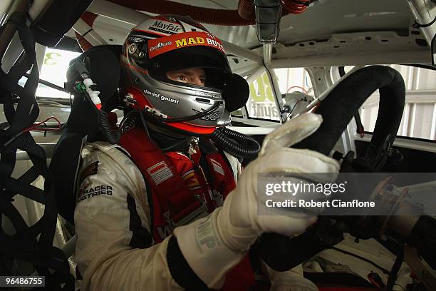 Daniel Gaunt driver of the Gulf Western Oil Racing Holden sits in his car during the V8 Supercars official test day at Winton Raceway on February 8,...