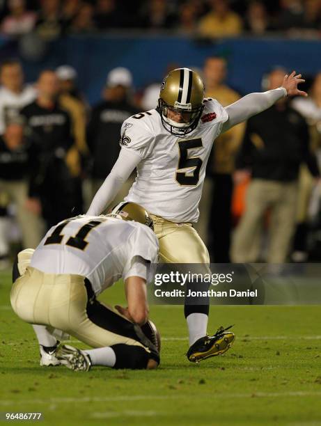 Garrett Hartley of the New Orleans Saints kicks a field goal against the Indianapolis Colts during Super Bowl XLIV on February 7, 2010 at Sun Life...