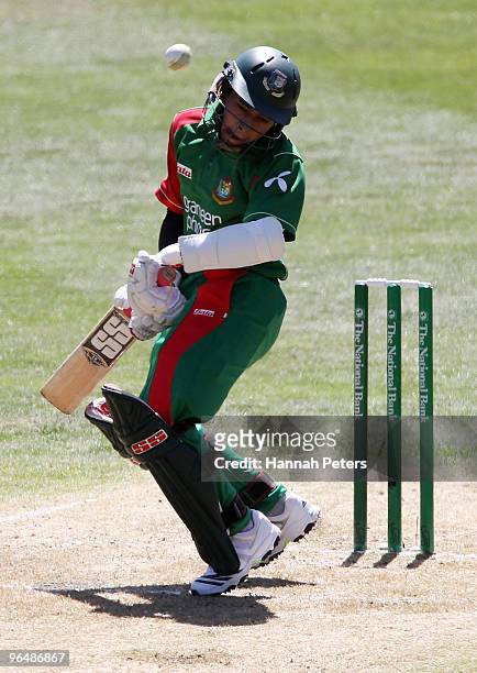 Mushfiqur Rahim of Bangladesh avoids a bouncer during the second One Day International Match between New Zealand and Bangladesh at University Oval on...