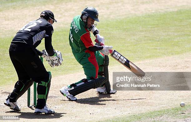 Mushfiqur Rahim of Bangladesh cuts the ball away during the second One Day International Match between New Zealand and Bangladesh at University Oval...