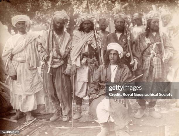 Afzul al Mulk and retainers in the Chitral district of Pakistan, North West Frontier, Image taken during the 'Gilgit Mission' of 1885-86 with Colonel...