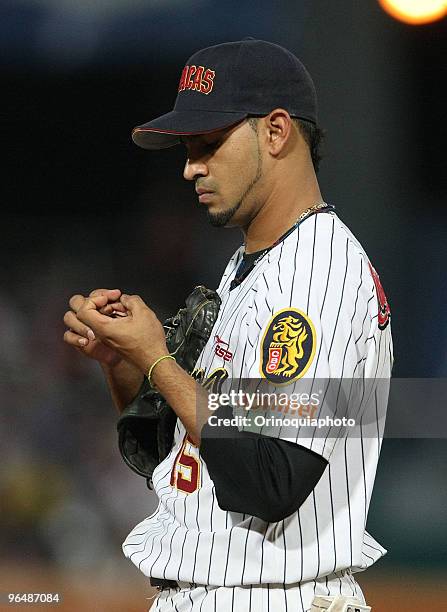 Jesus Guzman of Leones del Caracas gestures after losing to Indios de Mayaguez during the Caribbean Baseball Series 2010 at the Guatamare Stadium on...