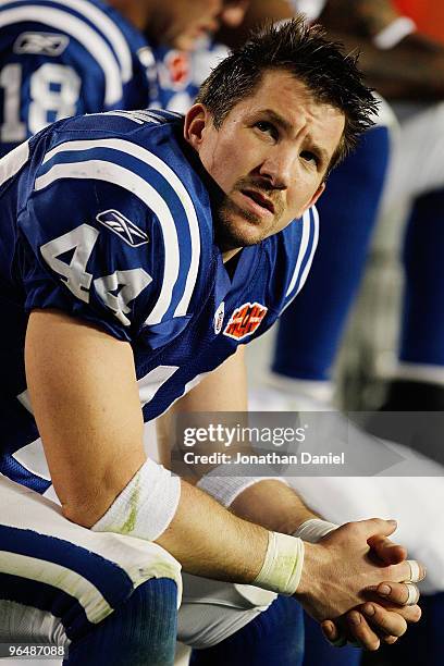 Dallas Clark of the Indianapolis Colts looks on from the sidelines in the fourth quarter against the New Orleans Saints during Super Bowl XLIV on...