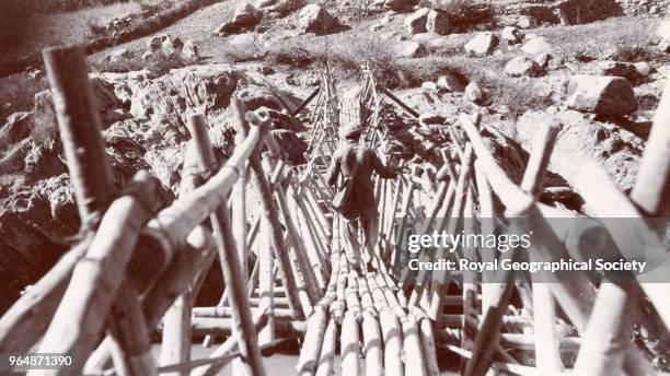 Cutcha Bridge at Kala Nagar in the Lower Chitral Valley, North West Frontier, Pakistan, 1918.