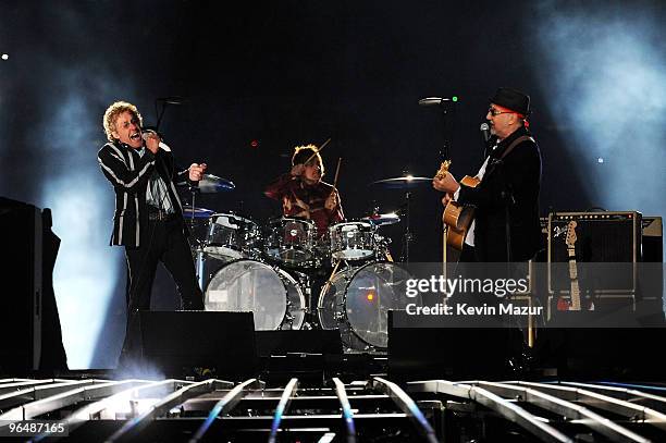 Musicians Roger Daltrey, Zak Starkey and Pete Townshend of The Who perform onstage during the Super Bowl XLIV Halftime Show at the Sun Life Stadium...
