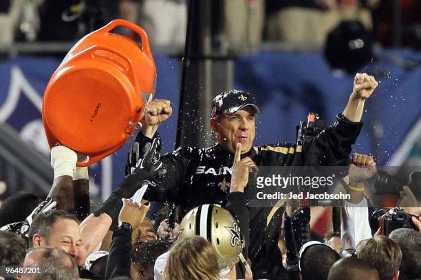 Head coach Sean Payton of the New Orleans Saints reacts after defeating the Indianapolis Colts during Super Bowl XLIV on February 7, 2010 at Sun Life...