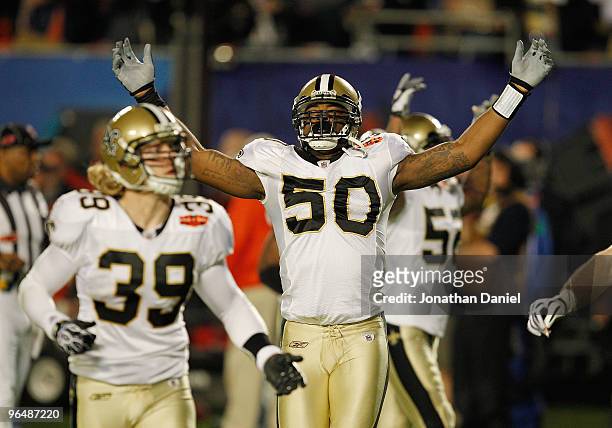Marvin Mitchell of the New Orleans Saints reacts after a play late in the fourth quarter against the Indianapolis Colts during Super Bowl XLIV on...