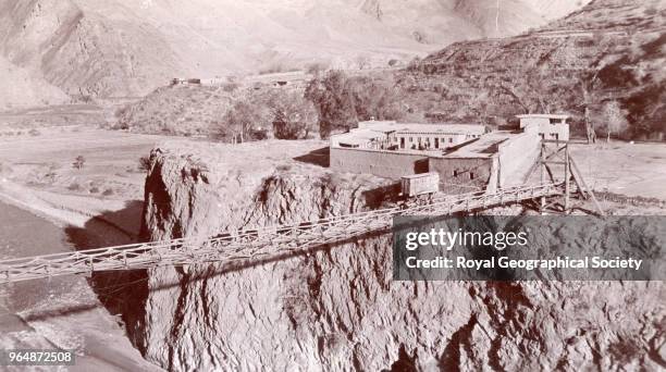 Wire rope bridge and small British fort at Gahirat, North West Frontier, Pakistan, 1918.