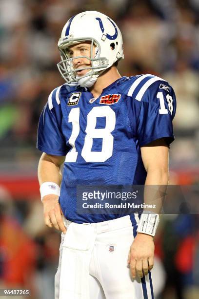 Peyton Manning of the Indianapolis Colts reacts as he walks off the field against the New Orleans Saints during Super Bowl XLIV on February 7, 2010...