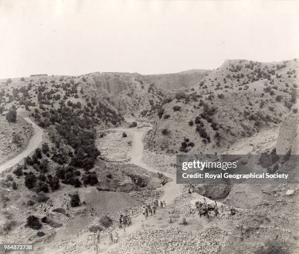 Road being made below the Sorarogha Plateau and Camp on the Jandola - Razmak Road, Pakistan, 1890.