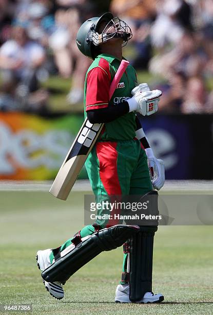 Mushfiqur Rahim of Bangladesh walks off after being dismissed lbw during the second One Day International Match between New Zealand and Bangladesh at...
