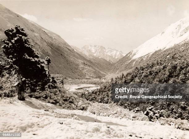 Mountain pass on the border with Tibet, Sikkim, India, 1938. Mount Everest Expedition 1938.