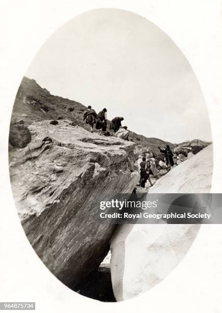 Natural bridge below the Zemu Glacier in Sikkim, India, 1913.