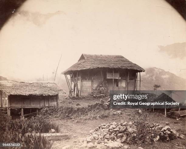 The ancient monastery of Talung with the residencees of the monks on each side, Sikkim, India, 1894.