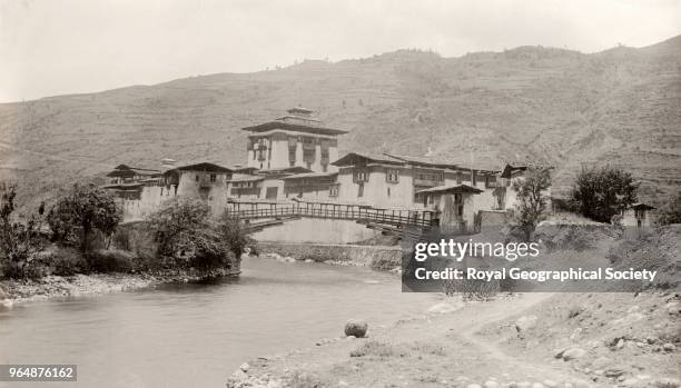 Punakha from the right bank of the Po Chhu , This image is probably of 'Punakha Dzong', the second of Bhutan's dzongs . It was designed by the...