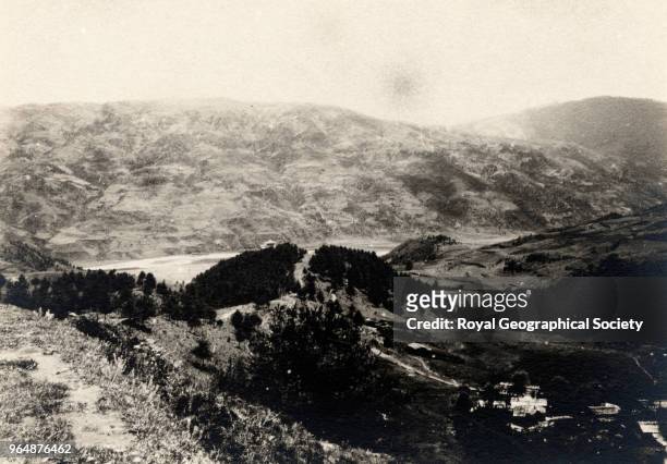 Panorama from Chamka Chu to Political Officer's Camp from Mausoleum in Bumthang, Bhutan, 1922.