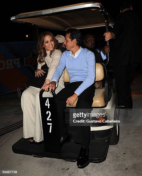 Jennifer Lopez and Marc Anthony are seen leaving Super Bowl XLIV at Sun Life Stadium on February 7, 2010 in Miami Gardens, Florida.