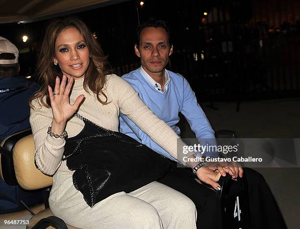 Jennifer Lopez and Marc Anthony are seen leaving Super Bowl XLIV at Sun Life Stadium on February 7, 2010 in Miami Gardens, Florida.