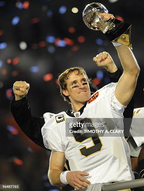 Quarterback Drew Brees of the New Orleans Saints after the Saints defeated the Indianapolis Colts during Super Bowl XLIV on February 7, 2010 at Sun...