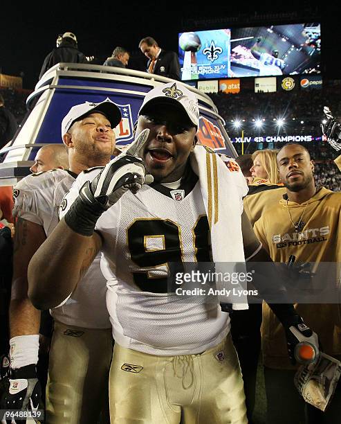 DeMario Pressley of the New Orleans Saints celebrates after the Saints defeated the Indianapolis Colts during Super Bowl XLIV on February 7, 2010 at...