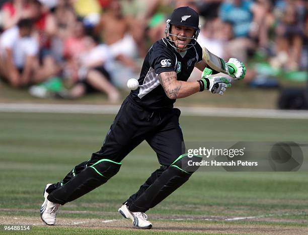 Brendon McCullum of New Zealand cuts the ball away for a single during the second One Day International Match between New Zealand and Bangladesh at...