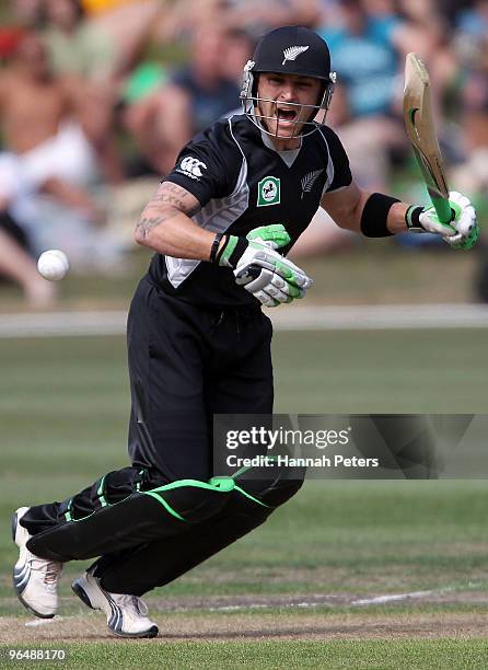 Brendon McCullum of New Zealand cuts the ball away for a single during the second One Day International Match between New Zealand and Bangladesh at...