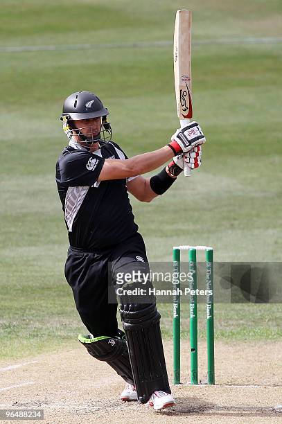 Peter Ingram of New Zealand plays the ball away for four runs during the second One Day International Match between New Zealand and Bangladesh at...