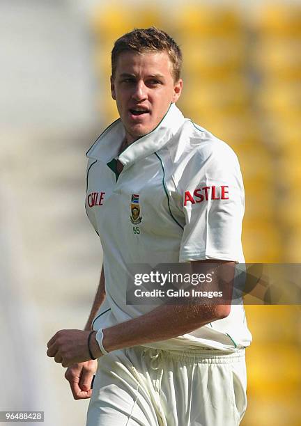 Morne Morkel of South Africa celebrates the wicket of Gautam Gambhir of India during day three of the First Test between India and South Africa at...