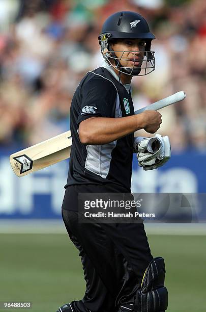 Ross Taylor of New Zealand walks off during the second One Day International Match between New Zealand and Bangladesh at University Oval on February...