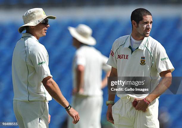 Dale Steyn and Wayne Parnell of South Africa look on during day three of the First Test between India and South Africa at Vidarbha Cricket...