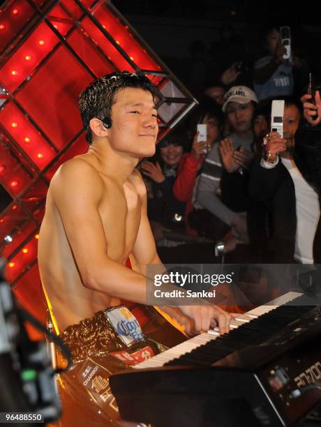 New champion Daiki Kameda of Japan performs after winning the WBA Flyweight Belt Bout between Denkaosan Kaovichit and Daiki Kameda at Kobe World...