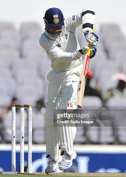 Virender Sehwag of India plays to the onside during day three of the First Test between India and South Africa at Vidarbha Cricket Association Ground...