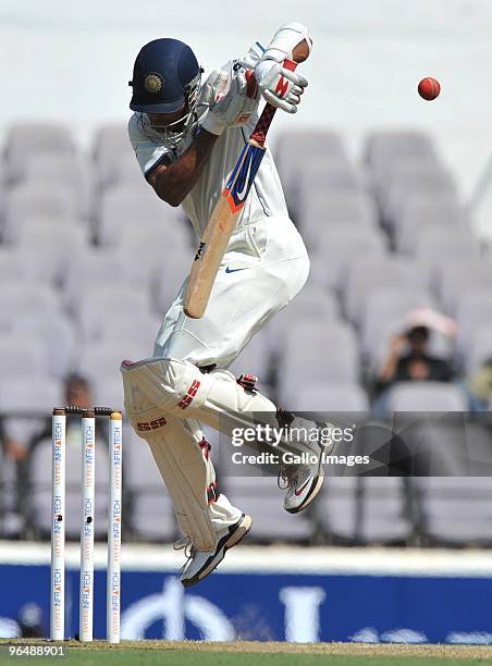 Subramaniam Badrinath of India is bounced by Jacques Kallis of South Africa during day three of the First Test between India and South Africa at...