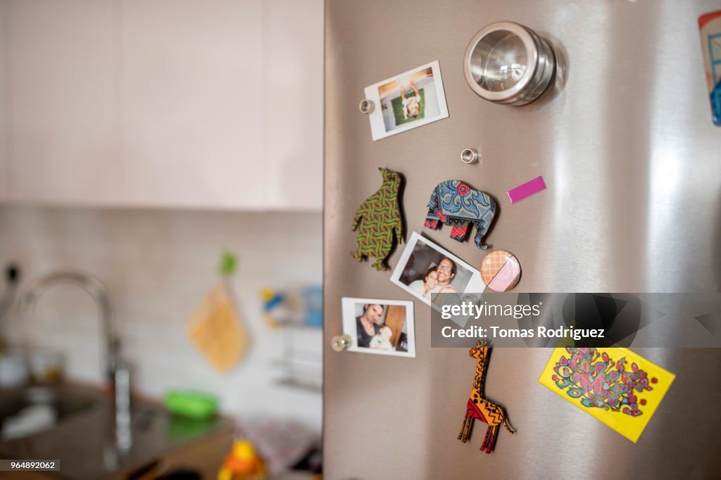 Fridge door with colored magnets and polaroid images
