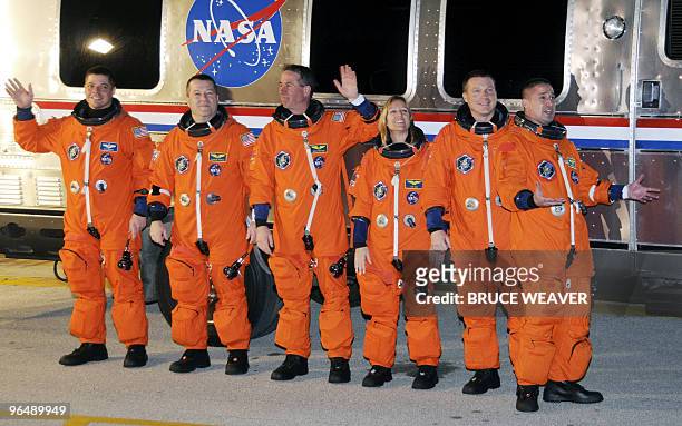 Space shuttle Endeavour crew members Robert Behnken, Nicholas Patrick, Stephen Robinson, Kathryn Hire, pilot Terry Virts and commander George Zamka...