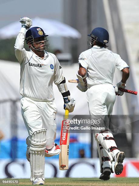 Virender Sehwag of India celebrates his 100 during the day 3 of the 1st test between India and South Africa from Vidarbha Cricket Association Ground...