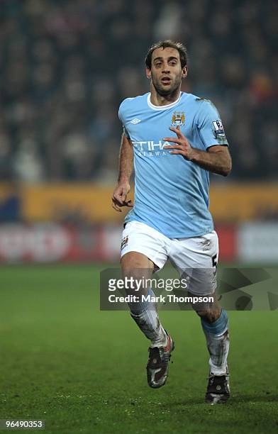 Pablo Zabaleta of Manchester City in action during the Barclays Premier League match between Hull City and Manchester City at the KC Stadium on...
