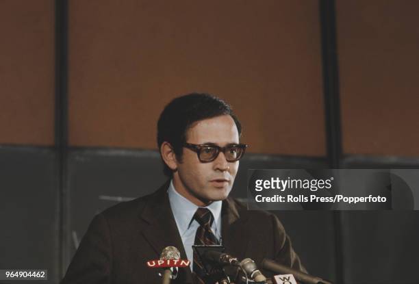 American biologist Gerald Edelman pictured at a press conference in New York after being jointly awarded the 1972 Nobel Prize in Physiology or...