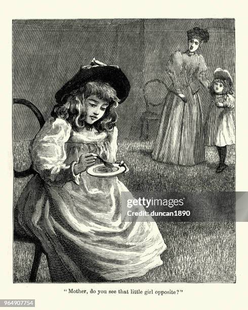 young girl eating soup from a bowl, victoriian, 19th century - soup bowl illustration stock illustrations