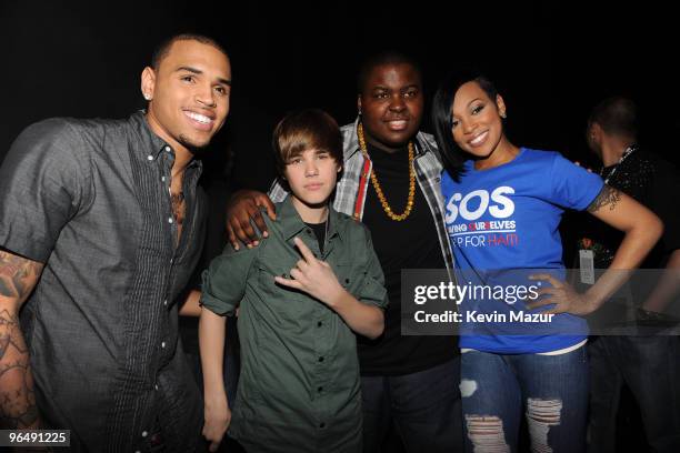 Chris Brown, Justin Bieber, Sean Kingston and Monica pose backstage at the BET-SOS Saving Ourselves Help for Haiti Benefit Concert at...