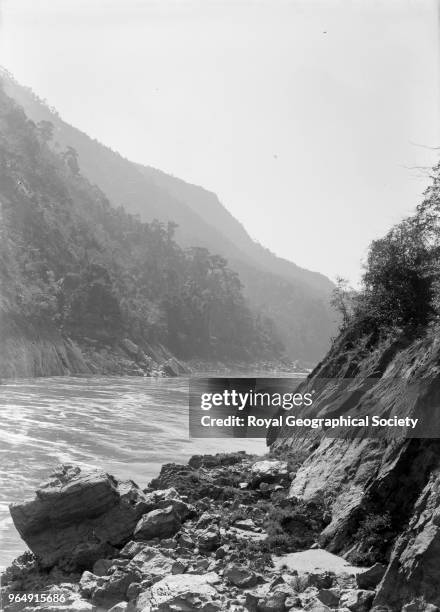 Defile below the great rapid of the Salween', This image was taken circa 1890-99, Myanmar, 1890.