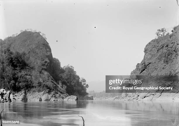 Defile below last rapid of the Salween', This image was taken circa 1890-99, Myanmar, 1890.
