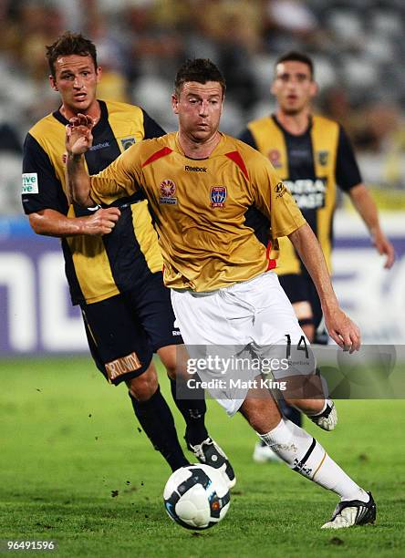 Michael Bridges of the Jets controls the ball during the round 26 A-League match between the Central Coast Mariners and the Newcastle Jets at...