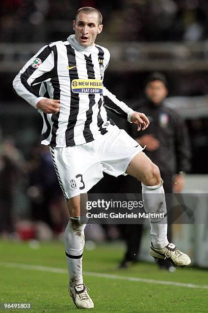 Giorgio Chiellini of Juventus FC in action during the Serie A match between Livorno and Juventus at Stadio Armando Picchi on February 6, 2010 in...